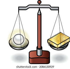 A set of scales weighing up a pearl of knowledge and a holy book. Knowledge or education versus religion or superstition concept.