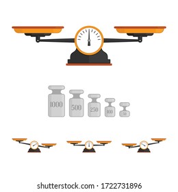 Set of scales with weights. Weighing scale with green pans and gray base. Bowls of scales in balance, an imbalance of scales. Vector illustration in flat style. EPS 10.