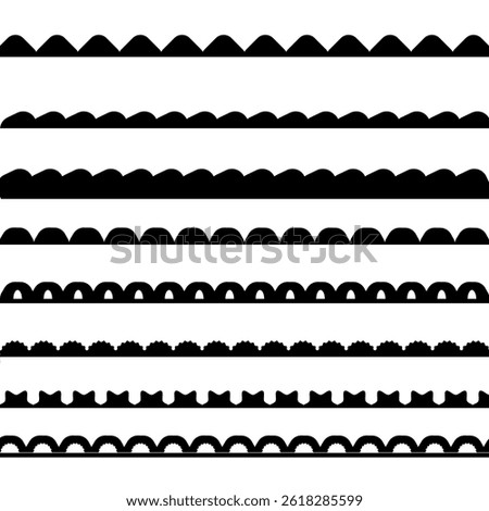 Set of scallop borders. Vector ribbon edge elements black color graphic vector flat