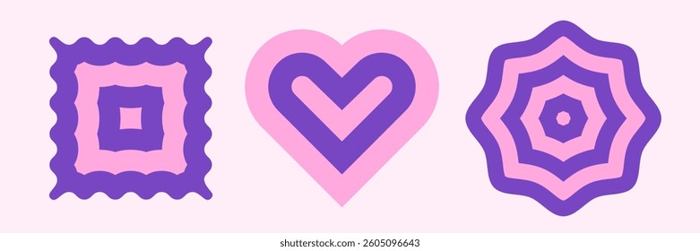 Set of Scallop Decorative Shapes. Bright Heart form, Wiggle Rectangle and Curved Circle Border. Decorative design elements. Vector illustration 