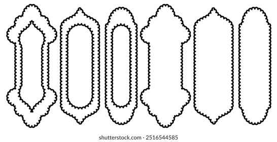 Set von Jakobsmuscheln Rahmen Formen einzeln auf weißem Hintergrund Zigzag gewellte Formen Islamisch arabisch Fenster Spitze Silhouette Rand Dekorative Sammlung Abstraktes Design Tag Aufkleber Vektorgrafiken