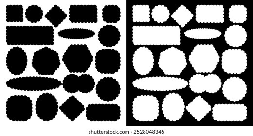 Set of Scallop edge lace frames and borders, frill ribbons and fabric ornament patterns. Collection of Scallop pattern frames. Vector illustration isolated on black and white background.