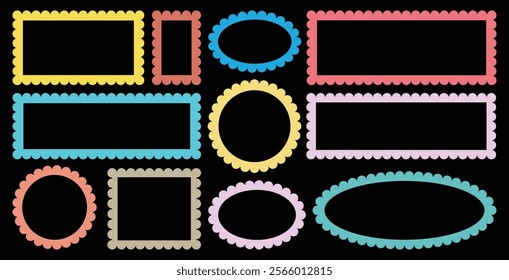 Set of Scallop edge rectangle, circle, oval border frame collection. Wave scallop squiggle frames. Mirror, picture or photo borders, empty text boxes or banners, tags or labels.