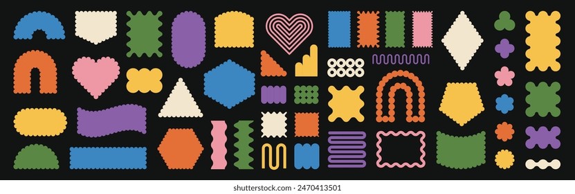 Set of scallop edge shapes. Retro brutalism figures, squiggle forms, zigzag borders, groovy frames. Vector futuristic elements of memphis style