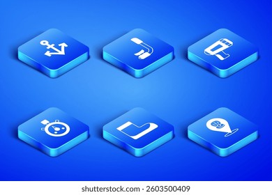 Set Scallop sea shell, Anchor, Boots, Stopwatch, Snorkel and Flashlight for diver icon. Vector