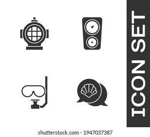 Set Scallop sea shell, Aqualung, Diving mask and snorkel and Gauge scale icon. Vector