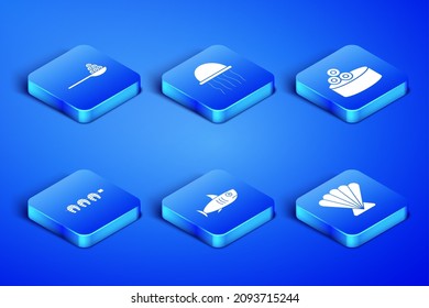 Set Scallop sea shell, Caviar on spoon, Shark, Grilled fish steak, Jellyfish and Tin can with caviar icon. Vector