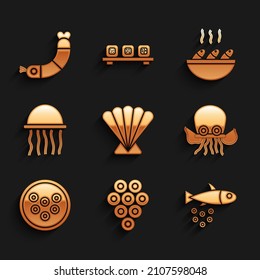 Set Scallop sea shell, Caviar, Fish with caviar, Octopus, on plate, Jellyfish, soup and Shrimp icon. Vector