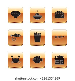 Se organizan conchas de vieiras, cangrejo, pescado de la charca, balde de pesca con peces, caviar, sushi, tienda de mariscos e ícono de sopa. Vector