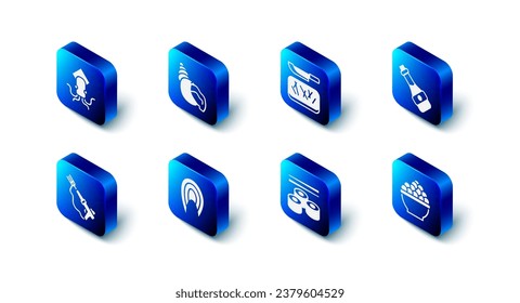 Set Scallop sea shell, Cutting board and knife, Soy sauce bottle, Caviar, Sushi, Fish steak, Fishing harpoon and Octopus icon. Vector