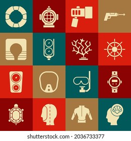 Set Scallop sea shell, Diving watch, Ship steering wheel, Flashlight, Gauge scale, Life jacket, Lifebuoy and Coral icon. Vector