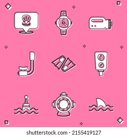 Set Scallop sea shell, Diving watch, Flashlight for diver, Snorkel, Flippers swimming, Gauge scale, Floating buoy and Aqualung icon. Vector