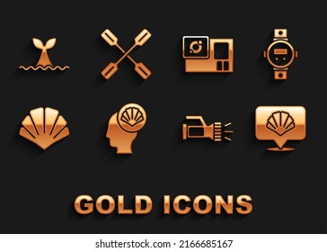 Set Scallop sea shell, Diving watch, Flashlight, Action camera, Whale tail ocean wave and Paddle icon. Vector