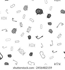 Set Scallop sea shell, Diving mask, Snorkel and Photo camera on seamless pattern. Vector