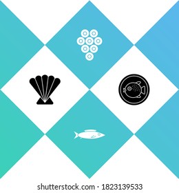 Coloca la concha de vieira, el pescado, el caviar y el puffer en el icono de la placa. Vector.
