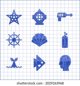 Set Scallop sea shell, Fish, Diving hood, Aqualung, Whale tail ocean wave, Ship steering wheel, Fishing harpoon and Starfish icon. Vector