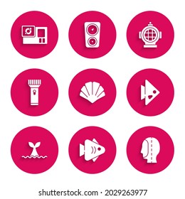 Set Scallop sea shell, Fish, Diving hood, Whale tail ocean wave, Flashlight, Aqualung and Action camera icon. Vector