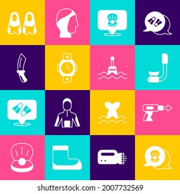 Set Scallop sea shell, Fishing harpoon, Snorkel, Diving watch, knife, Flippers for swimming and Floating buoy icon. Vector