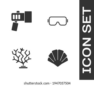 Set Scallop sea shell, Flashlight, Coral and Diving mask icon. Vector