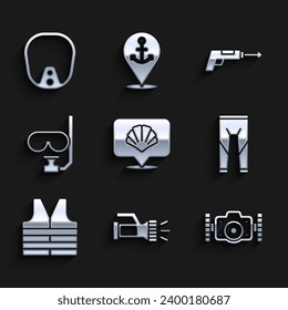 Set Scallop sea shell, Flashlight, Photo camera, Wetsuit, Life jacket, Diving mask and snorkel, Fishing harpoon and  icon. Vector