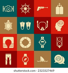 Set Scallop sea shell, Gauge scale, Fishing harpoon, Rubber flippers, Turtle, Photo camera and Diving mask icon. Vector