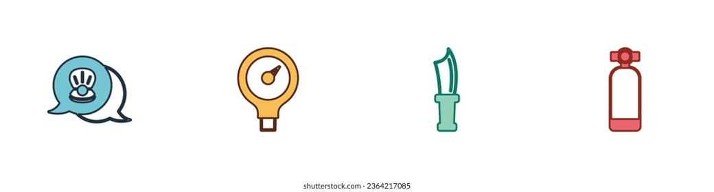 Set Scallop sea shell, Gauge scale, Diving knife and Aqualung icon. Vector