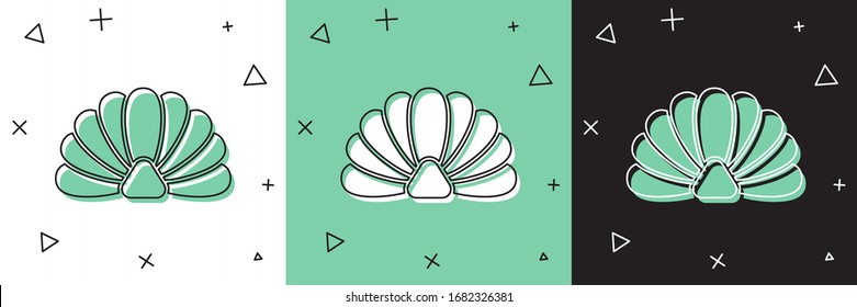 Set Scallop sea shell icon isolated on white and green, black background. Seashell sign. Vector Illustration