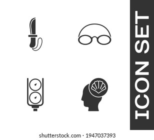 Set Scallop sea shell, Knife, Gauge scale and Glasses and cap icon. Vector