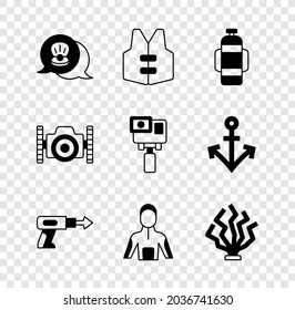 Set Scallop sea shell, Life jacket, Aqualung, Fishing harpoon, Wetsuit for scuba diving, Coral, Photo camera diver and Action extreme icon. Vector
