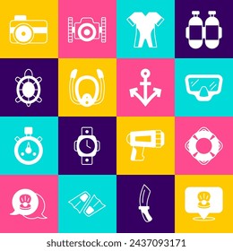 Set Scallop sea shell, Lifebuoy, Diving mask, Wetsuit for scuba diving, with snorkel, Turtle, Photo camera diver and Anchor icon. Vector