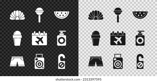 Set Scallop sea shell, Lollipop, Watermelon, Swimming trunks, Photo camera, Please do not disturb, Ice cream waffle cone and Calendar and airplane icon. Vector