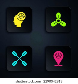Set Scallop sea shell, , Paddle and Boat propeller, turbine. Black square button. Vector