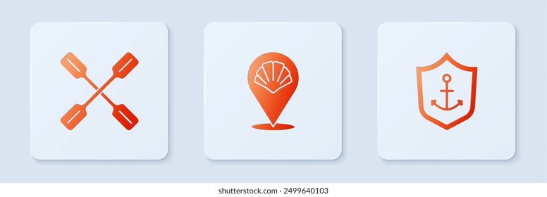 Set Scallop sea shell, Paddle and Anchor inside shield. White square button. Vector