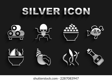 Set Scallop sea shell, Tropical fish, Soy sauce bottle, Seaweed, Shark fin soup, Caviar, Sushi on cutting board and Octopus icon. Vector