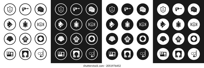 Set Scallop sea shell, Turtle, Fish, Anchor inside shield, Photo camera, Fishing harpoon, Lifebuoy and  icon. Vector