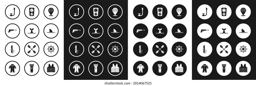 Set Scallop sea shell, Whale tail in ocean wave, Fishing harpoon, Snorkel, Shark fin, Gauge scale, Ship steering wheel and Knife icon. Vector