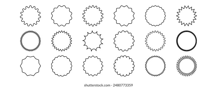 Conjunto de vieira, zigzag, sunburst, starburst marco de contorno negro. Etiquetas de venta de línea. Ilustración vectorial aislada sobre fondo blanco