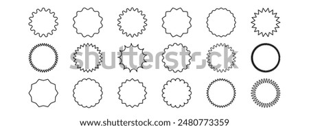 Set of scallop, zigzag, sunburst, starburst black outline frame. Line sale tags. Vector illustration isolated on white background