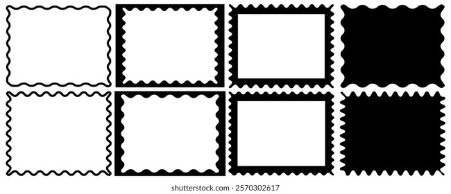 Set of scalloped frame, Scalloped edge rectangle shape. Simple label and sticker form. Square circle and rectangle shape. Vector lace frill. Simple cute label. Vector illustration isolated on white 