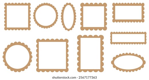 Set of scalloped frames vector collection. Circle, square, oval and rectangle forms with frill lace edges. Scallop labels, Clipart image vector illustration isolated on white background.