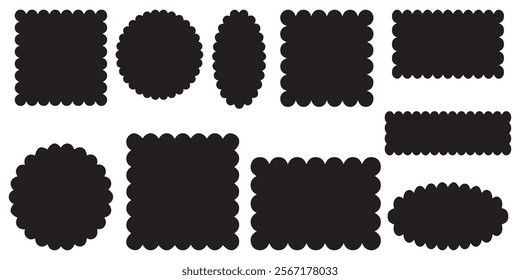 Set of scalloped frames vector collection. Circle, square, oval and rectangle forms with frill lace edges. Scallop labels, Clipart image vector illustration isolated on white background.