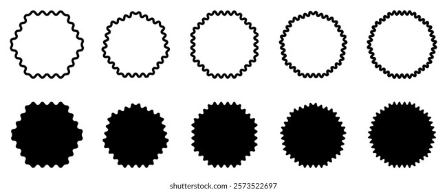 Set of scalloped frames vector collection. Circle, square, oval and rectangle forms with frill lace edges. Scallop labels, Clipart image vector illustration isolated on white background.