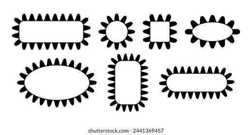 Set of scalloped round, square, rectangle and oval frames. Tags, labels, stickers or text boxes templates with scallop borders isolated on white background. Vector graphic illustration.