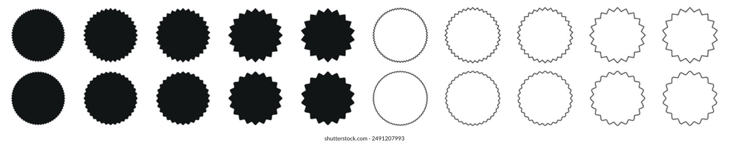 Set of scalloped seal round price emblem badge vector design. Wavy edge circle shapes icon collection. 