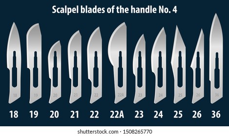 Set of scalpel handle blades No. 4. Manual surgical medical instrument. Vector illustration.