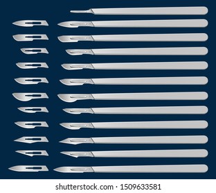 set of scalpels with removable blades for the handle number 4. special surgical hand tool. health and medicine. vector illustration.