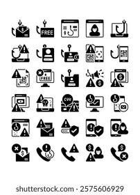 set of scam, cyber security solid
glyph icon vector illustration