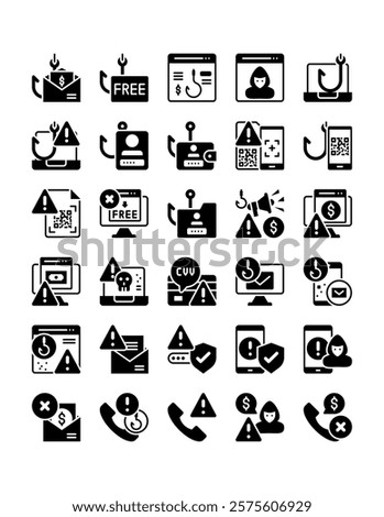 set of scam, cyber security solid
glyph icon vector illustration