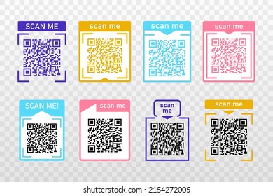 Set Scan me color icons frame with Qr code for smartphone isolated on transparent background. Qr code for payment, advertising, mobile app vector illustration.