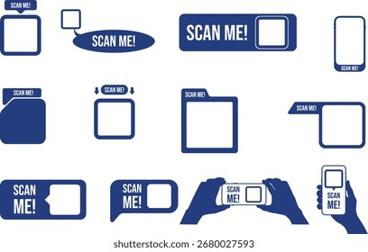 Conjunto de Plantilla de fotogramas de escaneo. Diseño de Anuncio de código QR para empresas.
